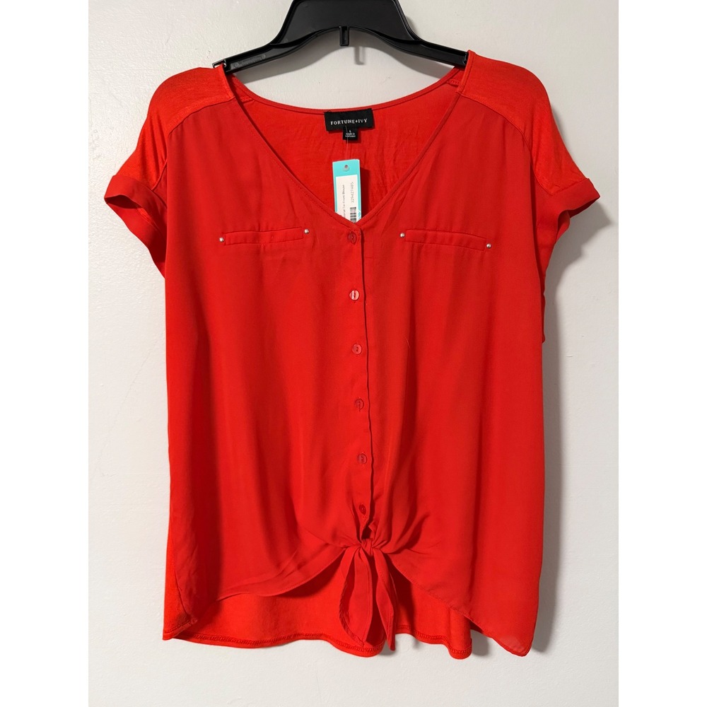 Fortune + Ivy Lucy Red Mixed Material Tie-Front Blouse V-Neck Popover Button L